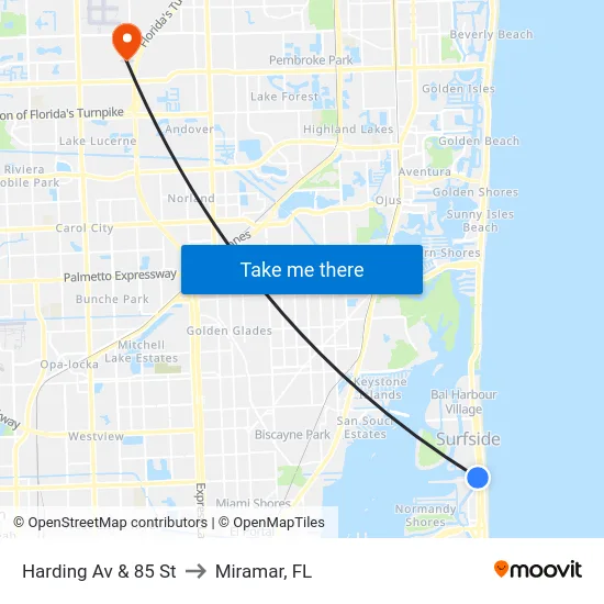 Harding Av & 85 St to Miramar, FL map