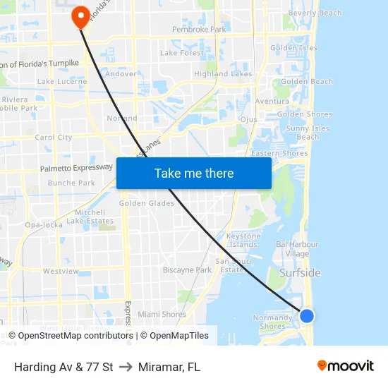 Harding Av & 77 St to Miramar, FL map