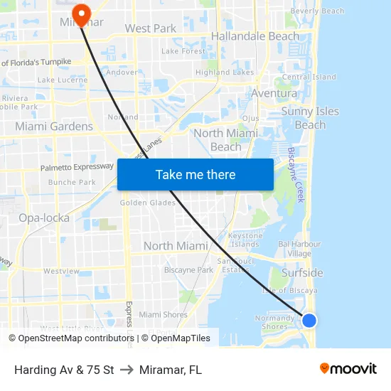 Harding Av & 75 St to Miramar, FL map