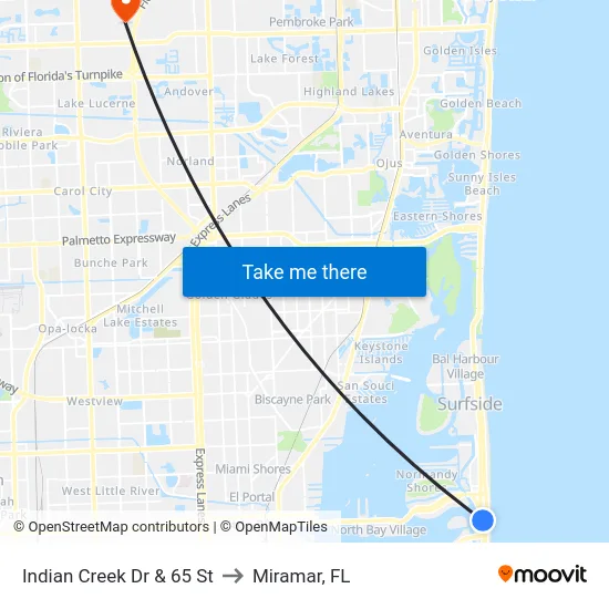 Indian Creek Dr & 65 St to Miramar, FL map