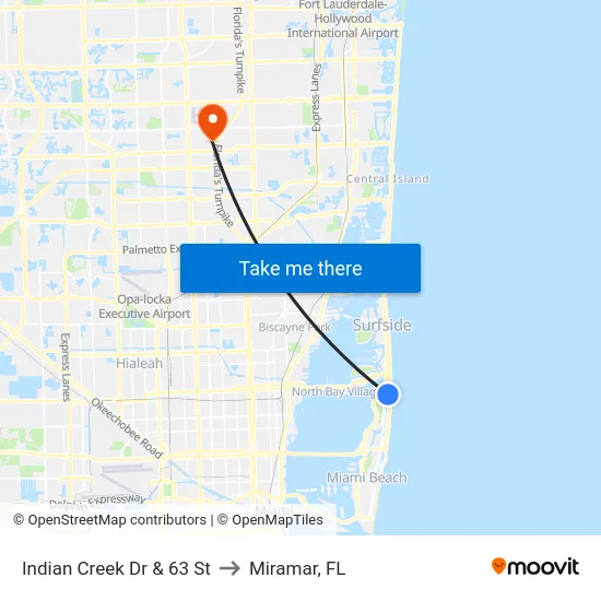 Indian Creek Dr & 63 St to Miramar, FL map