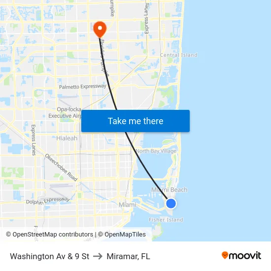 Washington Av & 9 St to Miramar, FL map