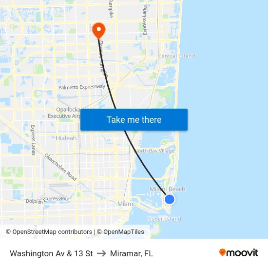 Washington Av & 13 St to Miramar, FL map