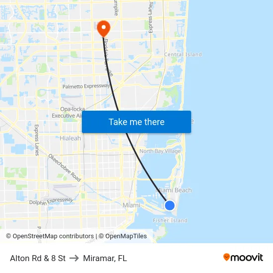 Alton Rd & 8 St to Miramar, FL map
