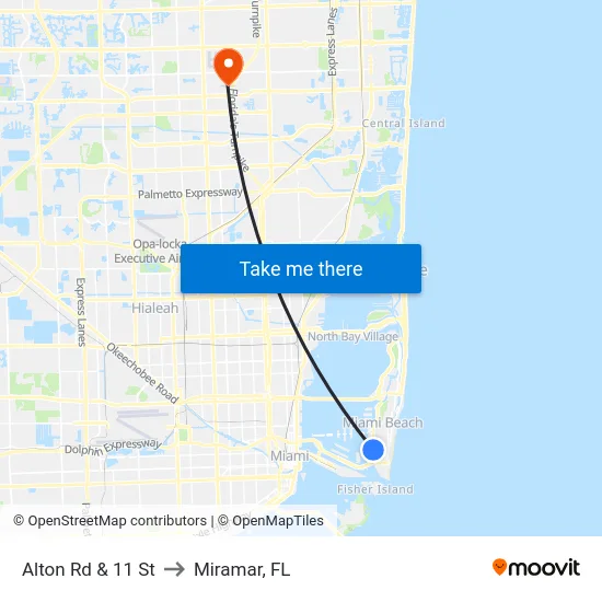 Alton Rd & 11 St to Miramar, FL map