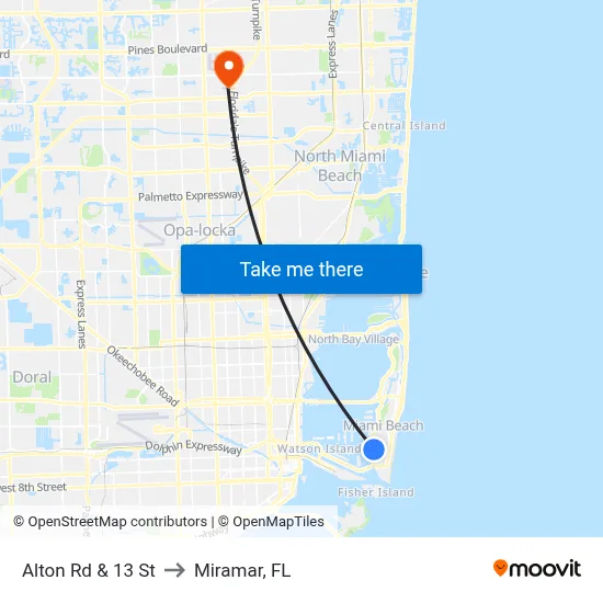 Alton Rd & 13 St to Miramar, FL map