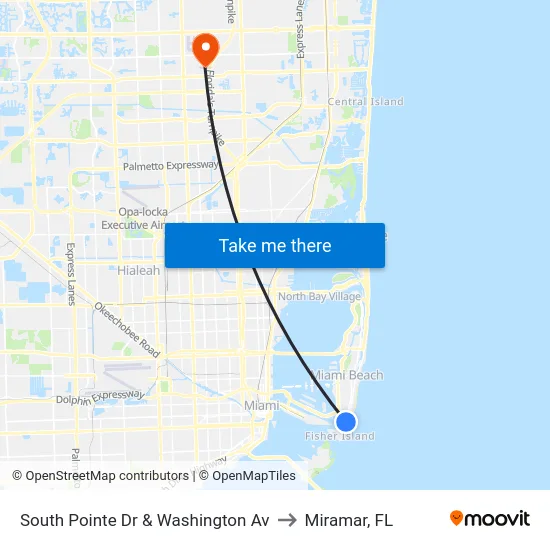 South Pointe Dr & Washington Av to Miramar, FL map