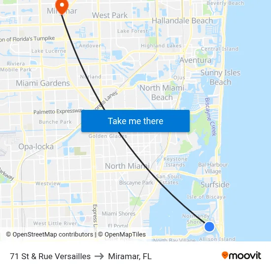 71 St & Rue Versailles to Miramar, FL map