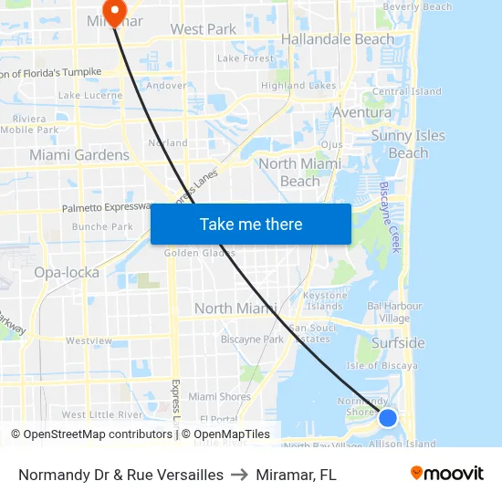 Normandy Dr & Rue Versailles to Miramar, FL map