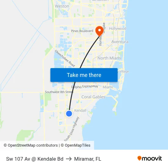 Sw 107 Av @ Kendale Bd to Miramar, FL map