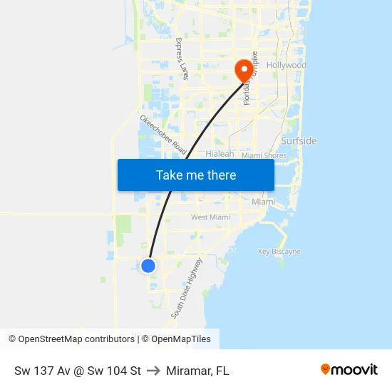 Sw 137 Av @ Sw 104 St to Miramar, FL map