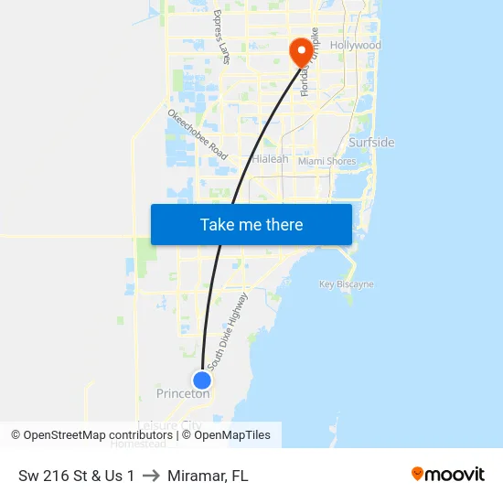 Sw 216 St & Us 1 to Miramar, FL map