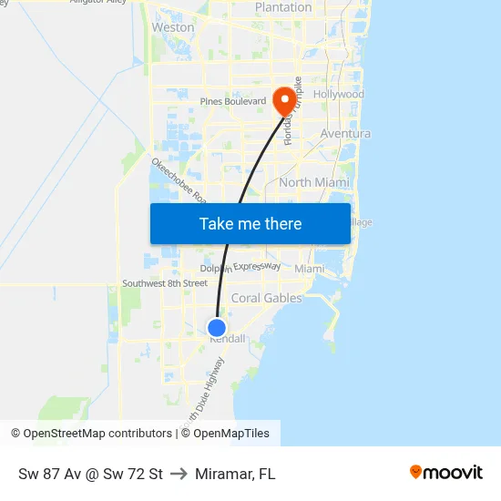 Sw 87 Av @ Sw 72 St to Miramar, FL map