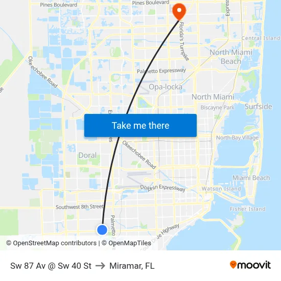 Sw 87 Av @ Sw 40 St to Miramar, FL map