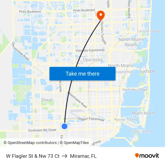 W Flagler St & Nw 73 Ct to Miramar, FL map