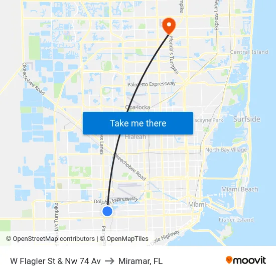 W Flagler St & Nw 74 Av to Miramar, FL map