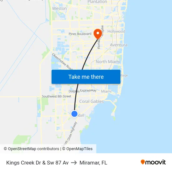 Kings Creek Dr & Sw 87 Av to Miramar, FL map