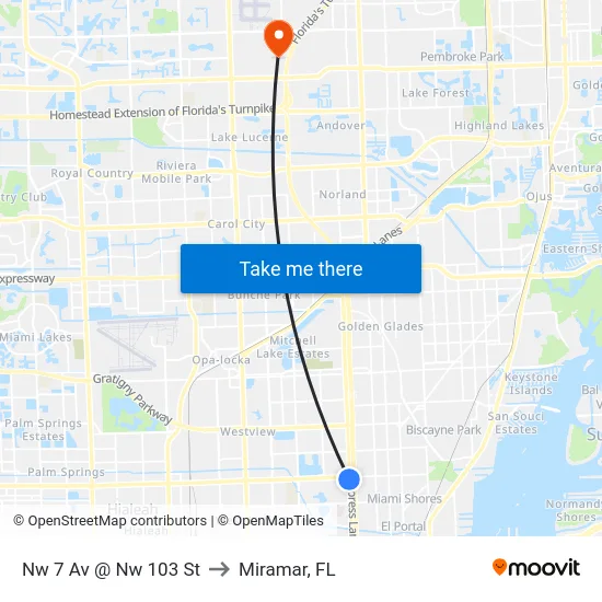 Nw 7 Av @ Nw 103 St to Miramar, FL map