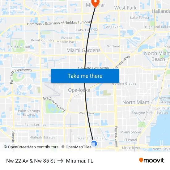 Nw 22 Av & Nw 85 St to Miramar, FL map