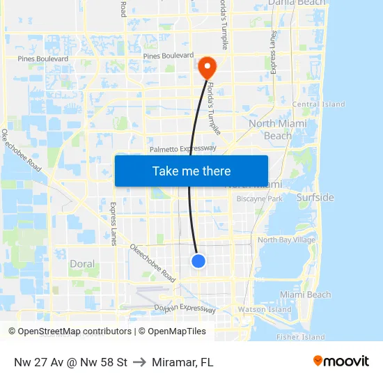 Nw 27 Av @ Nw 58 St to Miramar, FL map
