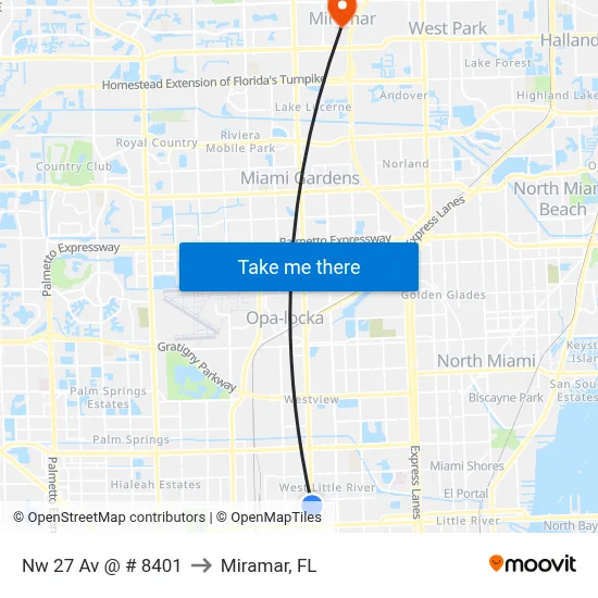 Nw 27 Av @ # 8401 to Miramar, FL map