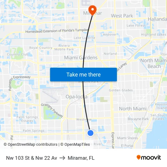Nw 103 St & Nw 22 Av to Miramar, FL map