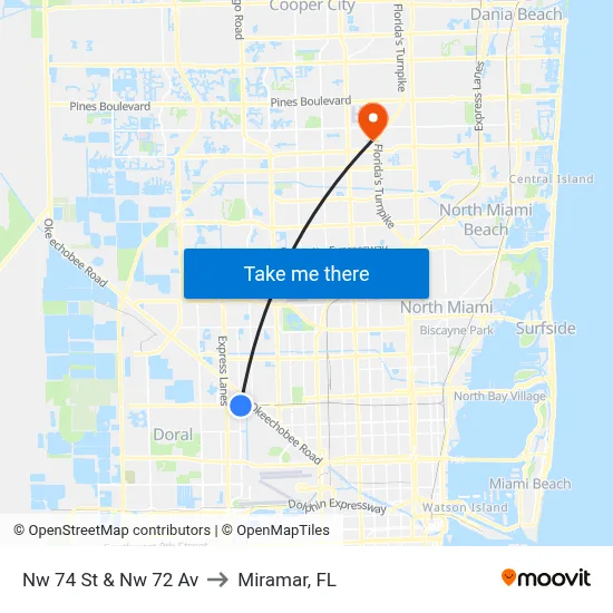 Nw 74 St & Nw 72 Av to Miramar, FL map