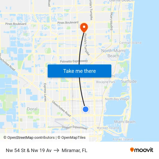 Nw 54 St & Nw 19 Av to Miramar, FL map