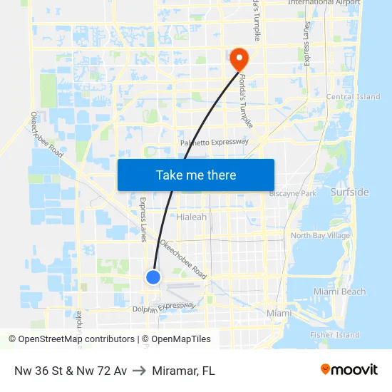 Nw 36 St & Nw 72 Av to Miramar, FL map