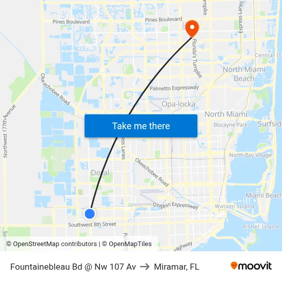 Fountainebleau Bd @ Nw 107 Av to Miramar, FL map