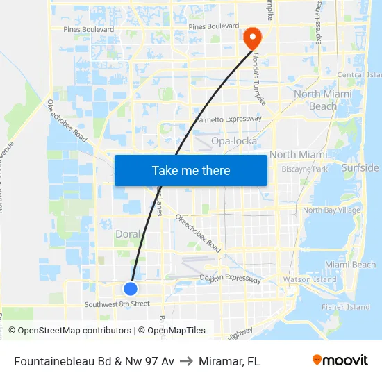 Fountainebleau Bd & Nw 97 Av to Miramar, FL map