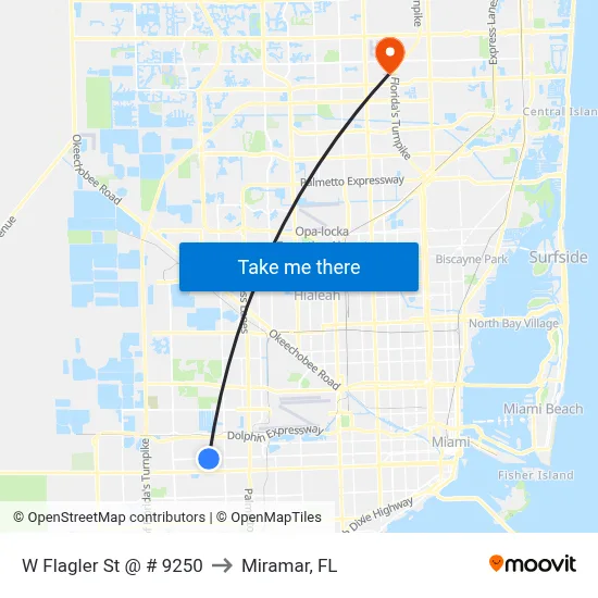 W Flagler St @ # 9250 to Miramar, FL map