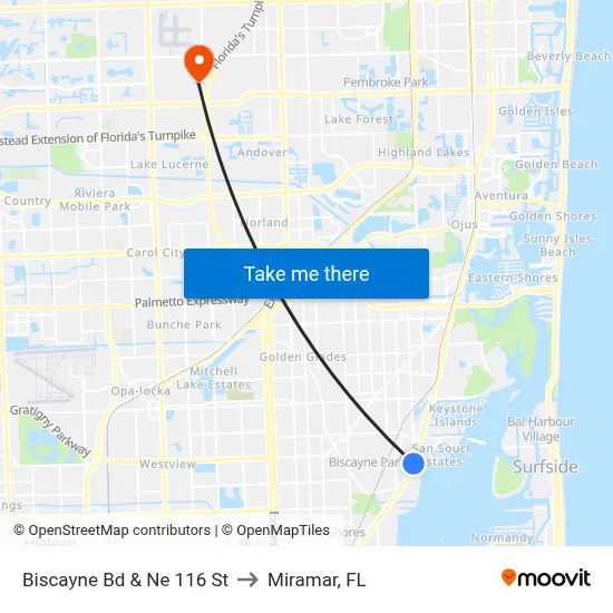 Biscayne Bd & Ne 116 St to Miramar, FL map