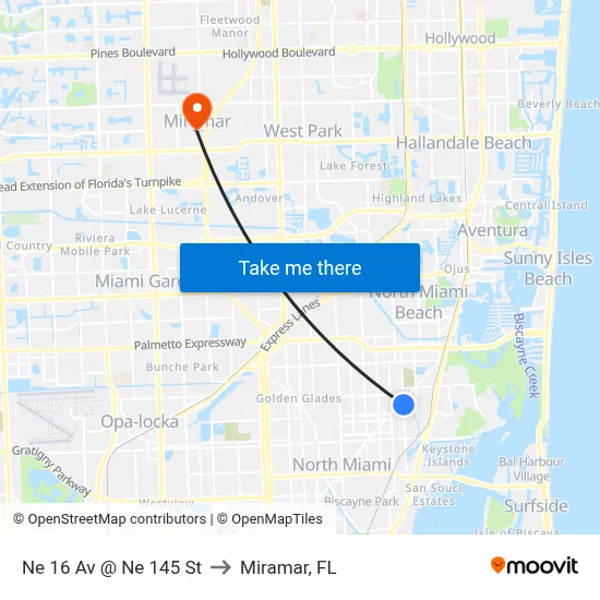 Ne 16 Av @ Ne 145 St to Miramar, FL map