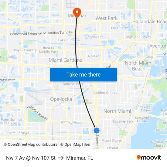 Nw 7 Av @ Nw 107 St to Miramar, FL map