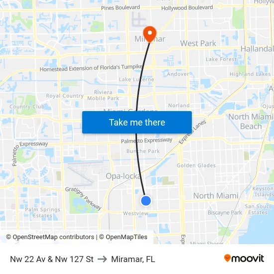 Nw 22 Av & Nw 127 St to Miramar, FL map
