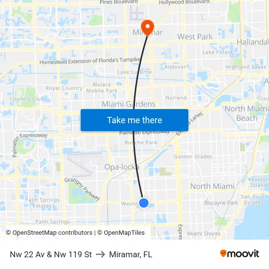 Nw 22 Av & Nw 119 St to Miramar, FL map