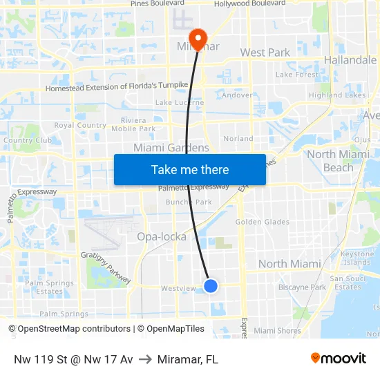 Nw 119 St @ Nw 17 Av to Miramar, FL map
