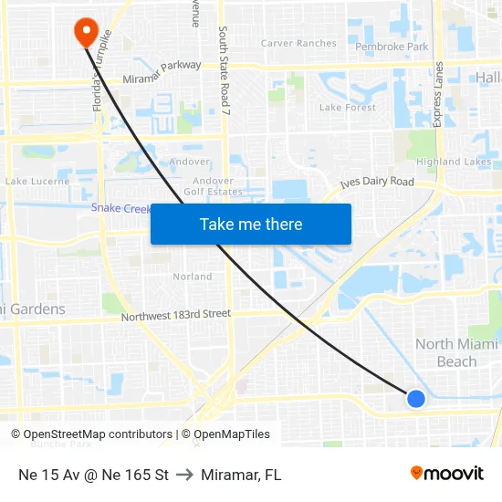 Ne 15 Av @ Ne 165 St to Miramar, FL map