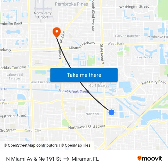 N Miami Av & Ne 191 St to Miramar, FL map