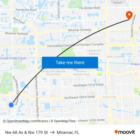 Nw 68 Av & Nw 179 St to Miramar, FL map