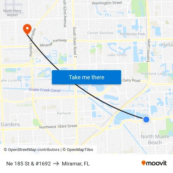 Ne 185 St & #1692 to Miramar, FL map