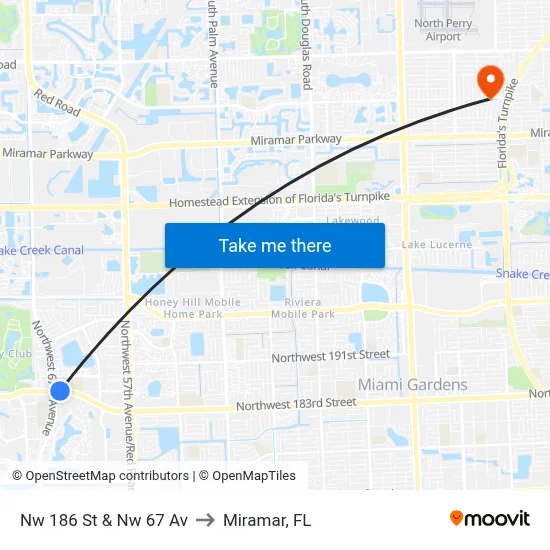 Nw 186 St & Nw 67 Av to Miramar, FL map