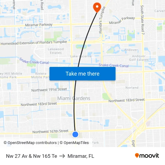 Nw 27 Av & Nw 165 Te to Miramar, FL map
