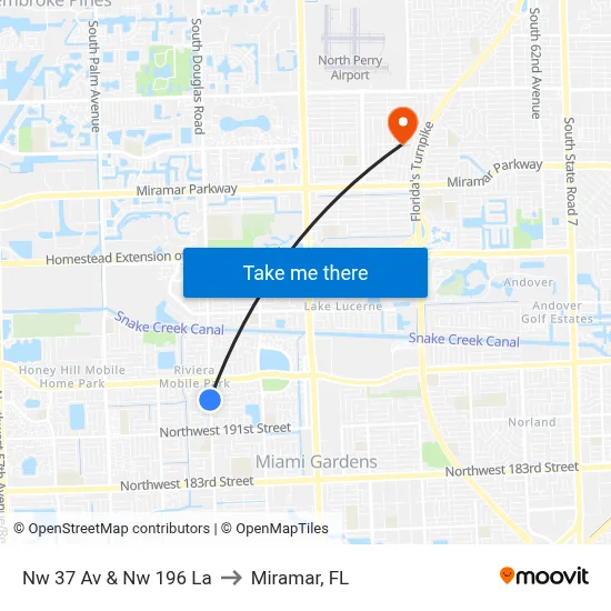 Nw 37 Av & Nw 196 La to Miramar, FL map