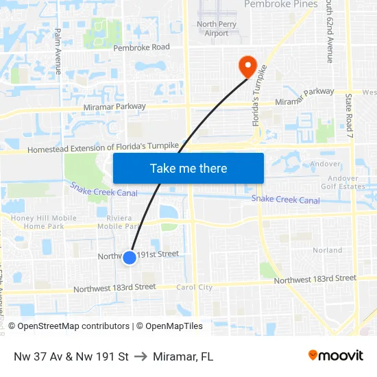 Nw 37 Av & Nw 191 St to Miramar, FL map