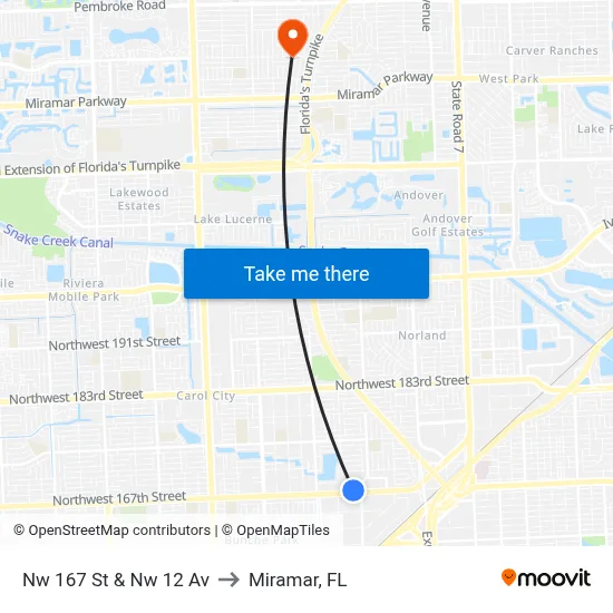 Nw 167 St & Nw 12 Av to Miramar, FL map