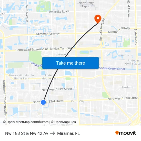 Nw 183 St & Nw 42 Av to Miramar, FL map