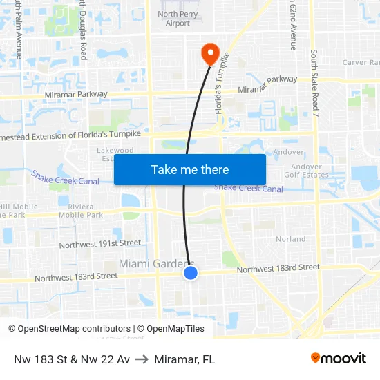 Nw 183 St & Nw 22 Av to Miramar, FL map