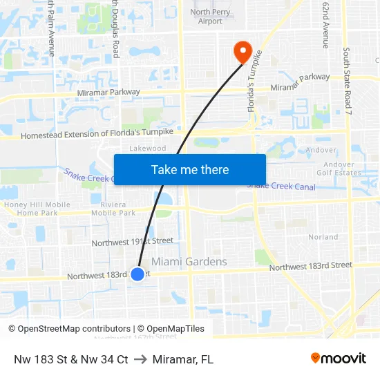 Nw 183 St & Nw 34 Ct to Miramar, FL map